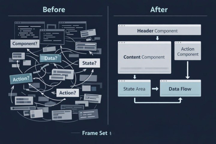 A dark navy graphic comparing a messy 'Before' state with an organized 'After' state. The left side shows tangled UI elements, arrows, and question marks labeled Component, Data, and Action.