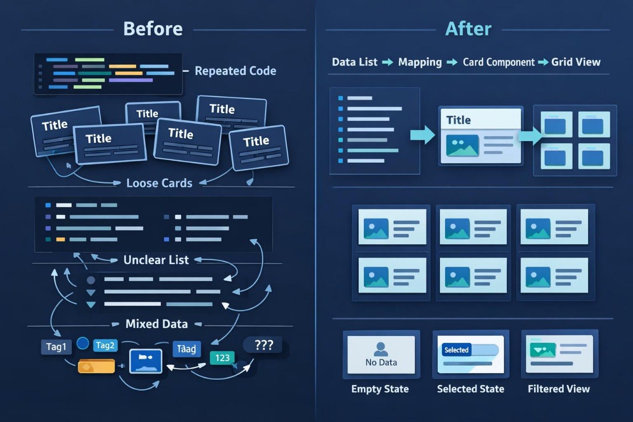 A dark blue technical comparison graphic labeled 'Before' and 'After' showing software UI design improvements. The left side depicts messy repeated code, loose cards, unclear lists, and mixed data.