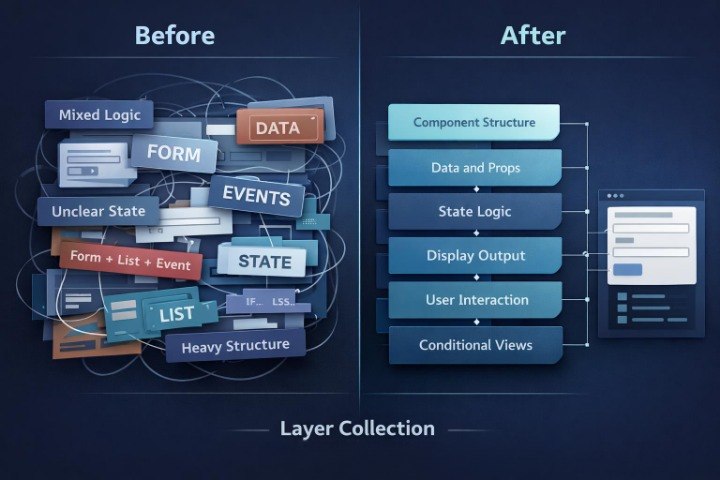 A dark blue infographic comparing a messy 'Before' state with an organized 'After' state labeled 'Layer Collection.' The left side shows tangled UI elements such as form, list, event, state, and mixed logic.