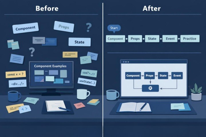 A split comparison graphic labeled 'Before' and 'After' showing a desktop setup with a computer monitor, notebook, mug, sticky notes, and a small plant. The 'Before' side is cluttered with floating labels and question marks, while the 'After' side is tidy and organized around a computer screen displaying a flowchart.