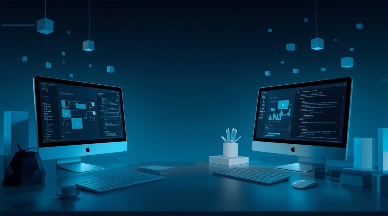 Two desktop computer monitors on a desk in a dark blue tech-themed room, displaying code and dashboard interfaces, with keyboards, mice, and small decor objects around them.
