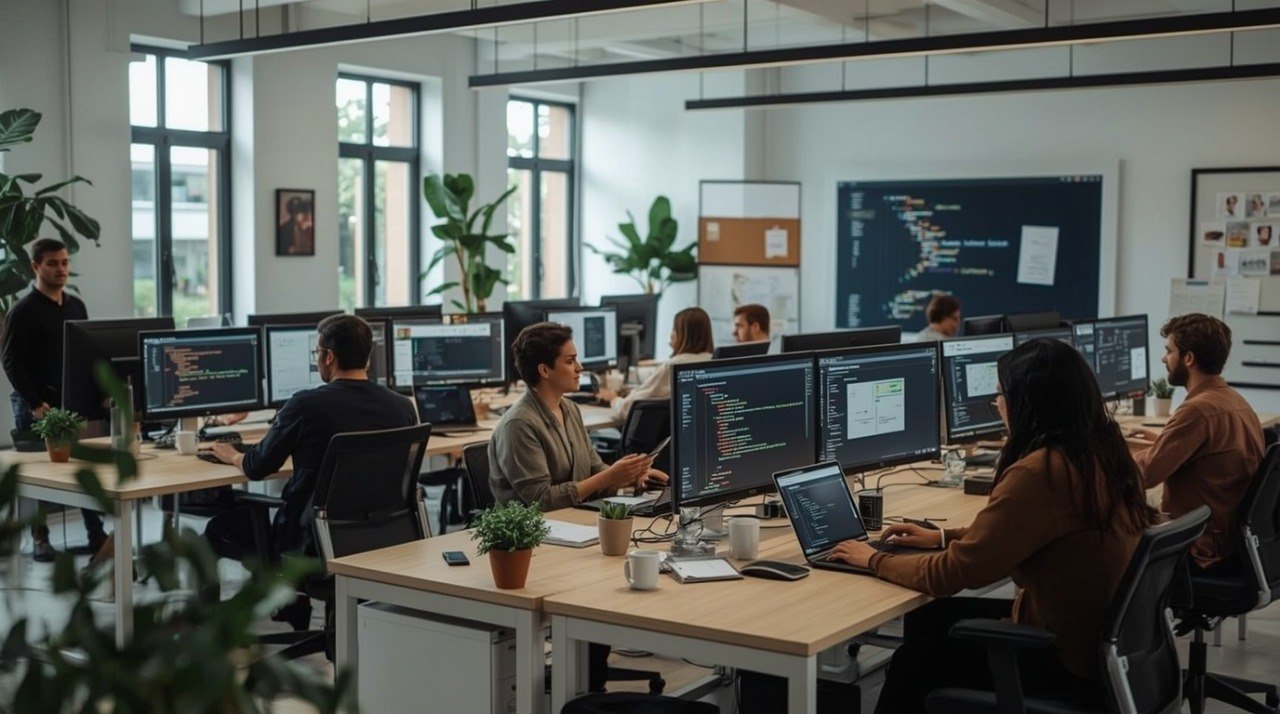 A modern office workspace with several people seated at desks with computer monitors and one person standing near two large code screens, in a bright office with large windows.