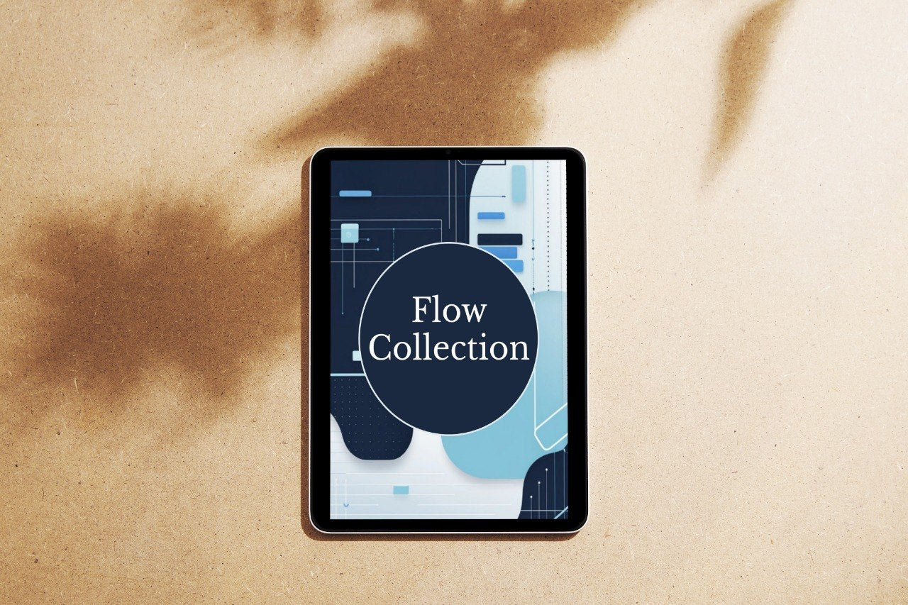 A tablet device lying on a beige textured surface with soft brown shadows cast across it. The screen displays a dark abstract graphic with the words 'Flow Collection' in white text.