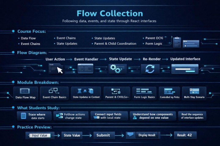 A dark blue digital infographic titled 'Flow Collection' with sections for course focus, flow diagram, module breakdown, what students study, and practice preview, using blue and white text and UI-style icons.
