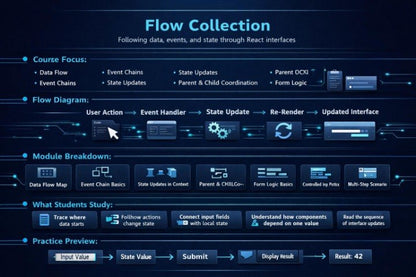 A dark blue digital infographic titled 'Flow Collection' with sections for course focus, flow diagram, module breakdown, what students study, and practice preview, using blue and white text and UI-style icons.