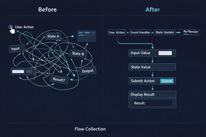 A dark UI-style diagram comparing a messy 'Before' flow with a cleaner 'After' flow. The left side shows tangled arrows and labels like User Action, Input, State A, State B, Output, and Result?.