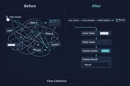 A dark UI-style diagram comparing a messy 'Before' flow with a cleaner 'After' flow. The left side shows tangled arrows and labels like User Action, Input, State A, State B, Output, and Result?.