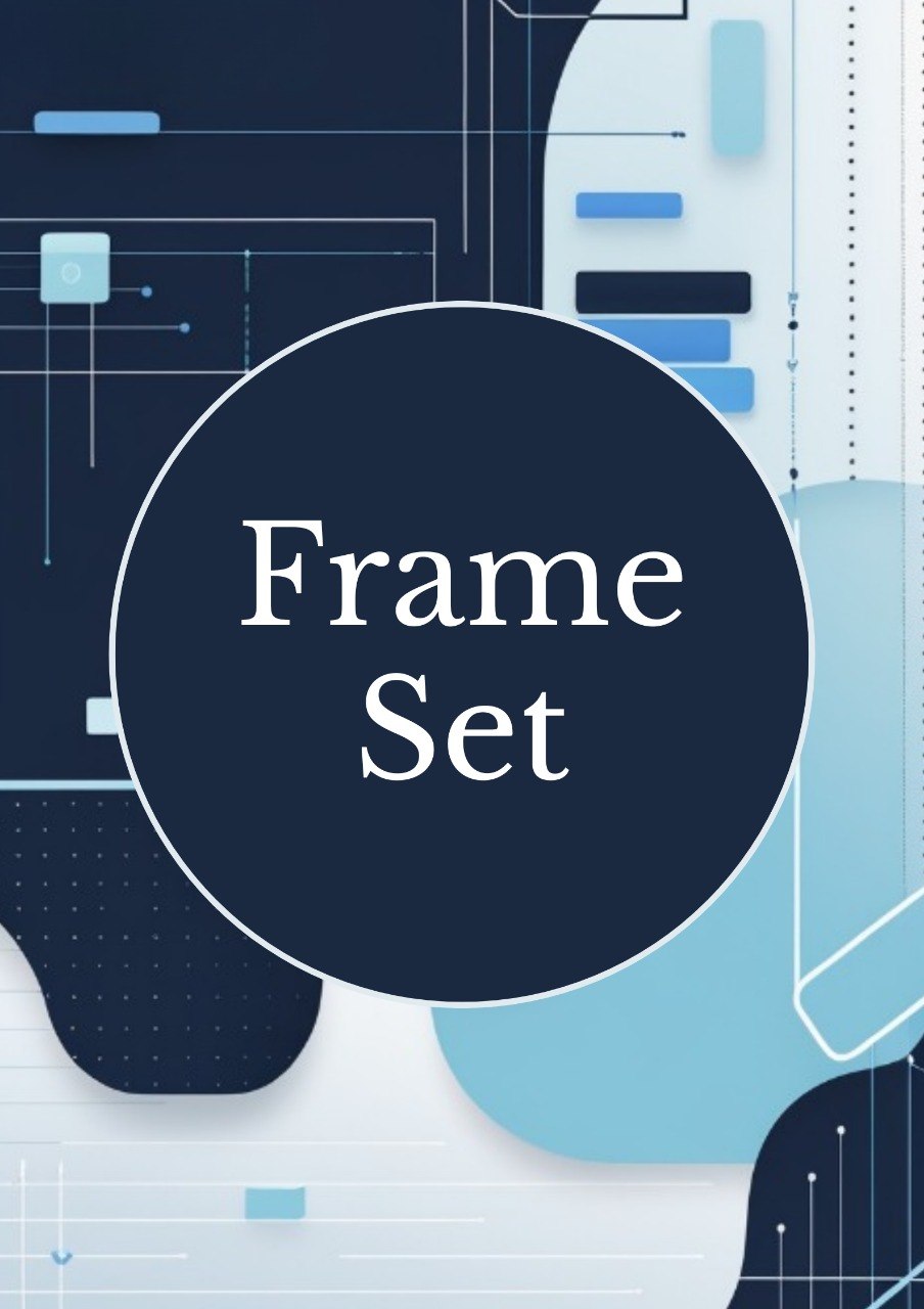 A digital graphic with the words 'Frame Set' in white serif text inside a large dark navy circle, centered over an abstract background of navy, light blue, and white geometric shapes and lines.