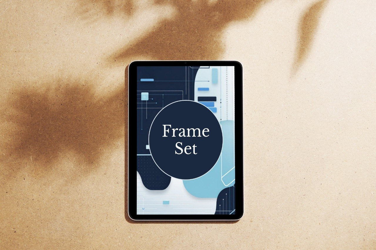 A tablet device lying on a beige textured surface with soft brown shadows cast across it. The screen displays a dark abstract graphic with the words 'Flow Collection' in white text.