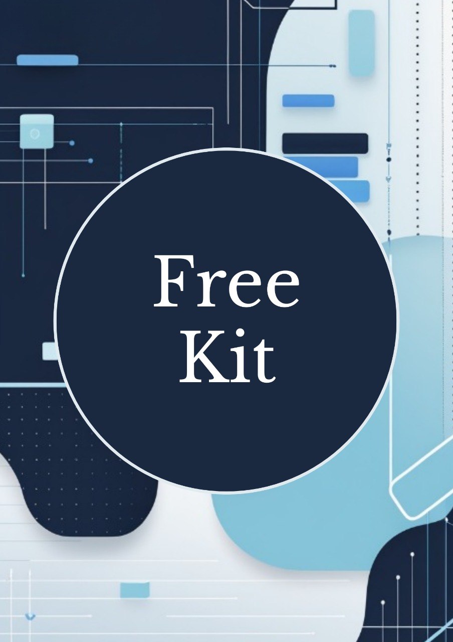 A digital graphic with a large dark navy blue circle in the center containing the white text 'Free Kit' on an abstract background of navy, light blue, and white geometric shapes and lines.
