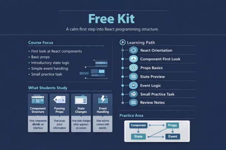 A dark navy informational graphic. The left side shows a circular flow diagram of Components, Props, State, Events, Forms, Lists, and Conditional Views.