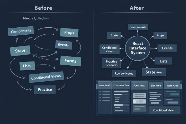 A dark navy informational graphic comparing a 'Before' state of a Nexus Collection with an 'After' state using React Interface System components. The left side shows a circular flow diagram of Components, Props, State, Events, Forms, Lists, and Conditional Views.
