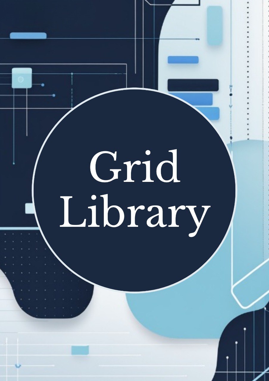 A digital graphic with a large dark navy blue circle in the center containing the white text 'Grid Library'. The background features abstract geometric shapes and circuit-like line drawings in light blue, navy, and white.