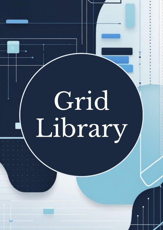 A digital graphic with a large dark navy blue circle in the center containing the white text 'Grid Library'. The background features abstract geometric shapes and circuit-like line drawings in light blue, navy, and white.
