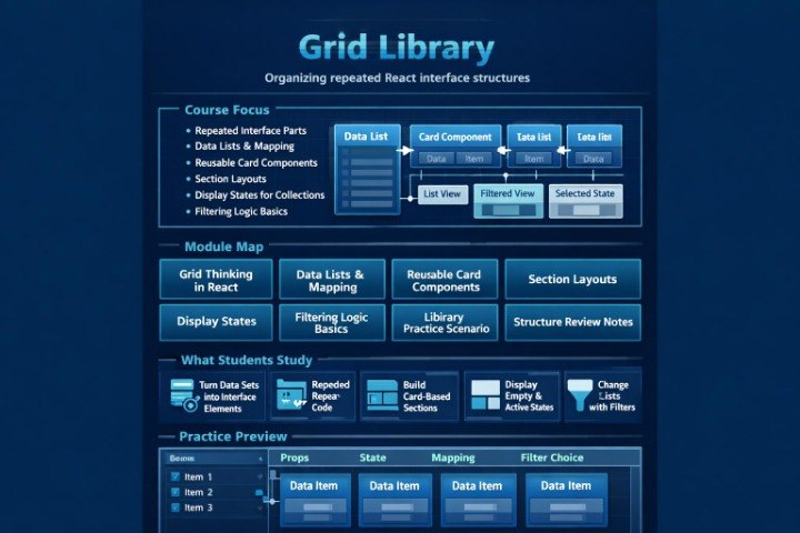 A dark blue educational infographic titled 'Grid Library' outlining React interface structures, course focus, module map, student study topics, and practice preview sections with boxes, text, and UI component diagrams.