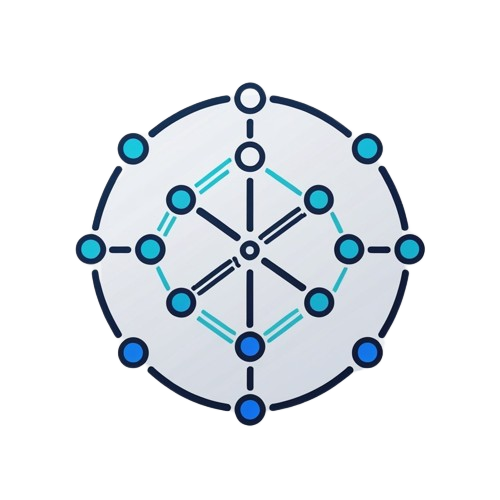 A minimalist vector-style icon of a circular network or hub, featuring dark navy lines and nodes with cyan and blue dots on a light gray background.