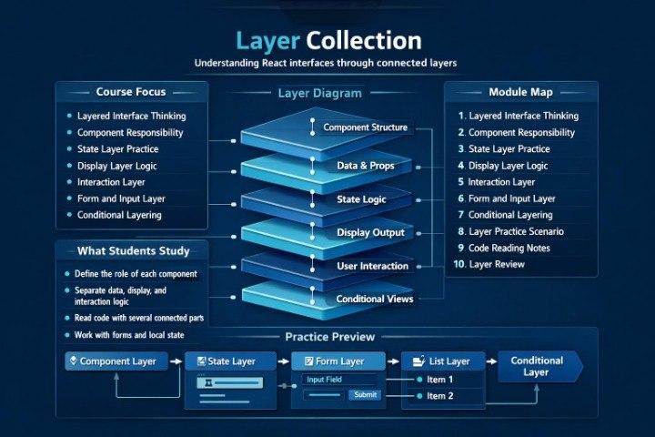 An educational infographic titled 'Layer Collection' explaining React interfaces through connected layers, featuring a central layered diagram, course focus bullet points, a module map, and a practice preview on a dark blue background.