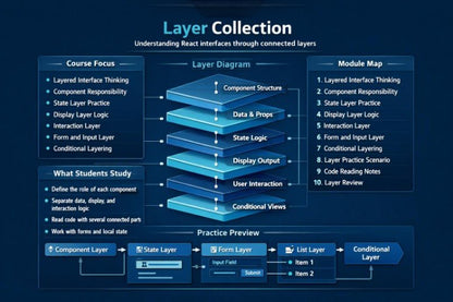 An educational infographic titled 'Layer Collection' explaining React interfaces through connected layers, featuring a central layered diagram, course focus bullet points, a module map, and a practice preview on a dark blue background.