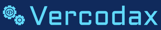 The Vercodax logo, featuring a light blue stylized text name alongside two matching light blue gear icons on a dark navy blue background.