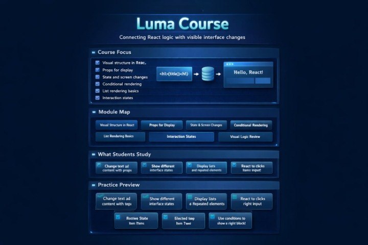 A dark blue digital graphic titled 'Luma Course' showing a structured course outline with sections for course focus, module map, what students study, and practice preview, using blue UI-style panels and text.