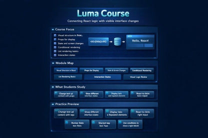 A dark blue digital graphic titled 'Luma Course' showing a structured course outline with sections for course focus, module map, what students study, and practice preview, using blue UI-style panels and text.
