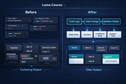 A dark blue digital infographic comparing 'Before' and 'After' states of a software or coding interface, titled 'Luma Course'. The left side labeled 'Before' shows a confusing, cluttered code output with dark gray boxes and muted accents.