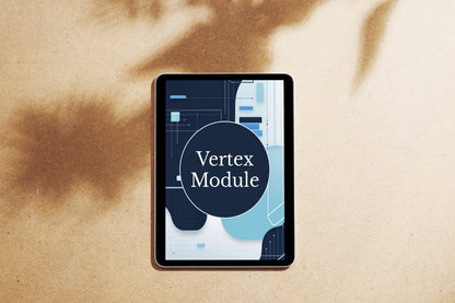 A tablet device lying on a beige textured surface with soft brown shadows cast across it. The screen displays a digital interface with the text 'Grid Library' over an abstract blue, white, and dark navy graphic.