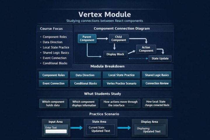 A dark blue educational infographic titled 'Vertex Module' explaining component connection diagrams and module breakdowns for React programming.