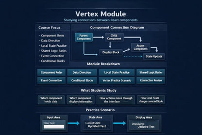 A dark blue educational infographic titled 'Vertex Module' explaining component connection diagrams and module breakdowns for React programming.