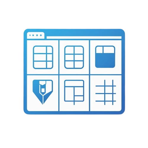 A blue and white digital icon depicting a grid of window and door designs inside a browser-style frame, shown on a plain white background.