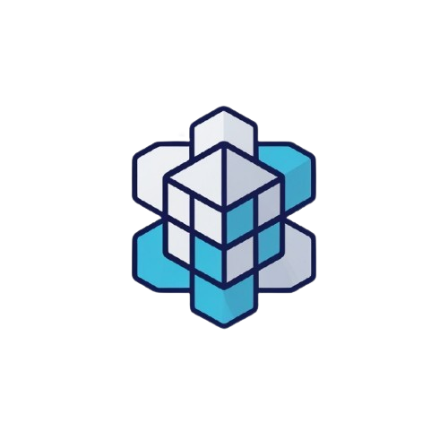 A minimalist geometric logo featuring interlocking 3D cubes in shades of light blue and white, outlined in dark navy blue, centered on a solid white background.