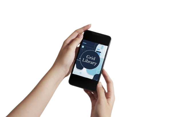 A person holds a smartphone showing a mockup or design labeled 'Grid Library' .