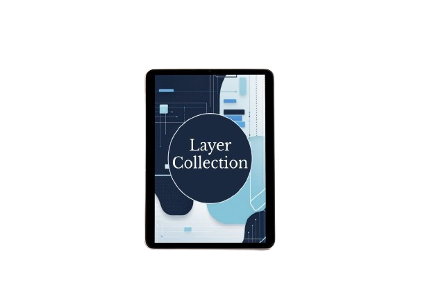 A dark gray tablet shown open against a plain white background, with the screen displaying a course cover that reads 'Layer Collection'.