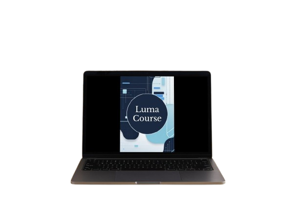 A dark gray laptop shown open against a plain white background, with the screen displaying a course cover that reads 'Luma Course'.